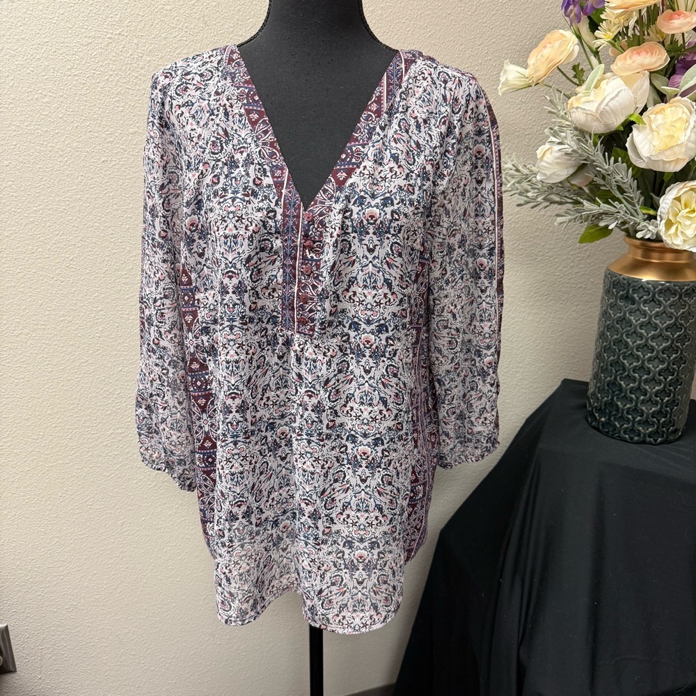 Maurices L Boho Floral Paisley Print V-Neck Tunic Blouse 3/4 Sleeve Top